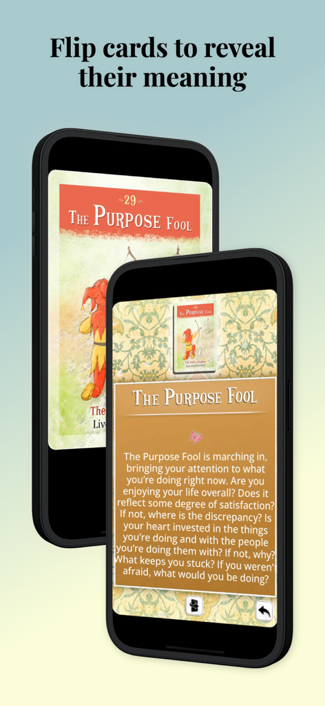 A digital oracle card titled The Purpose Fool showing its illustration and detailed written meaning