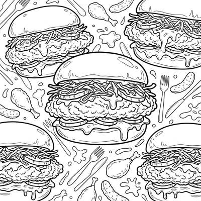 Get ready for a flavor explosion with this exciting crispy fried chicken burgers coloring page! Each burger is packed with delicious details, promising a satisfying and creative coloring session.