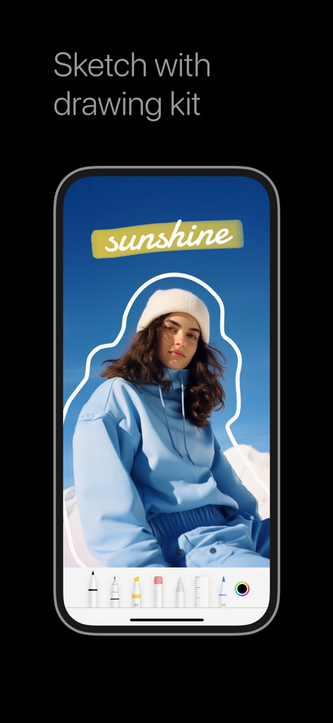 Panorama Scroll Carousel Maker - 인스타그램 게시물용 사진에 스케치하고 텍스트를 추가하는 그리기 도구를 보여주는 Caro 앱의 모바일 인터페이스