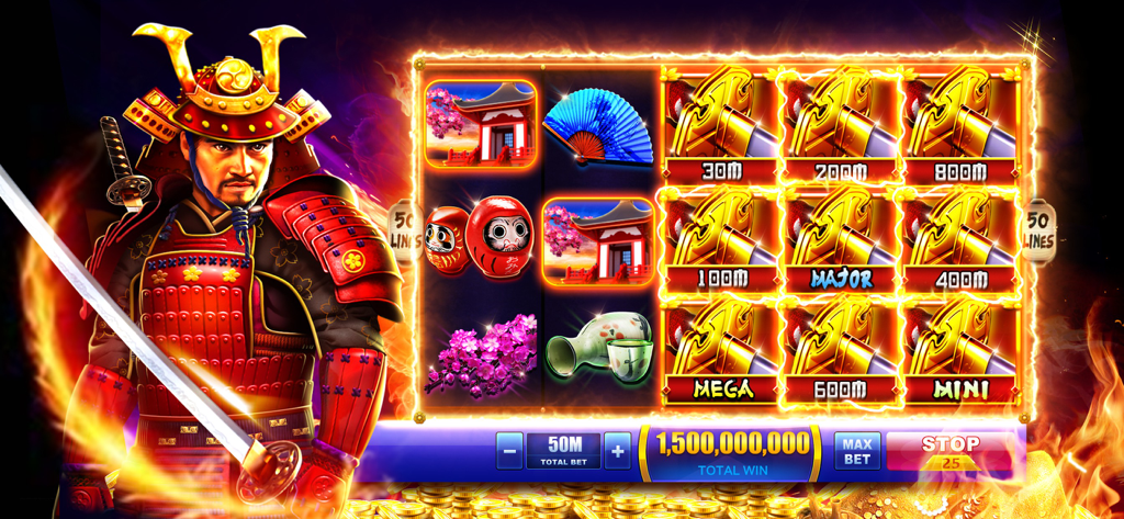 Samurai themed slot machine game screen with a 1.5 billion coin total win