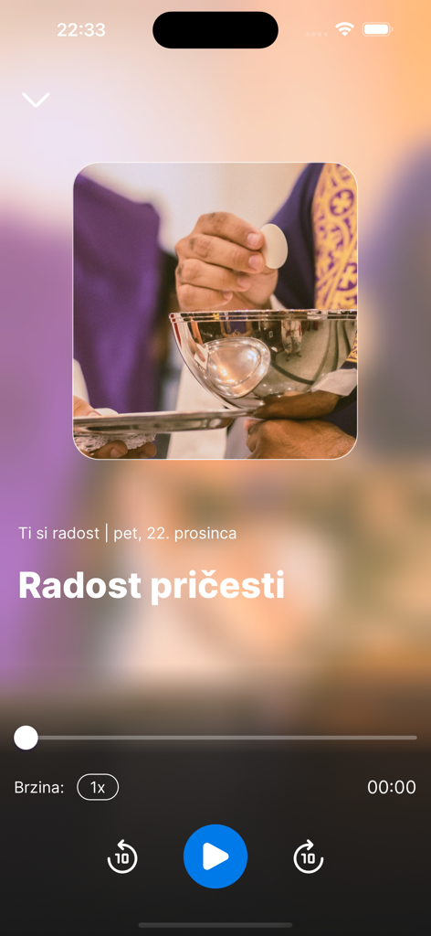 Audio player screen for spiritual meditation featuring a Eucharist image