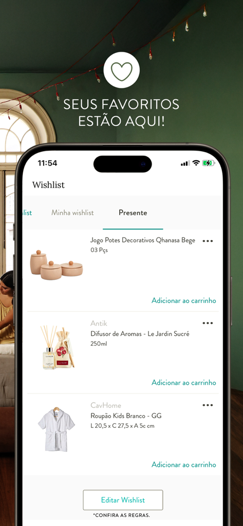 Capture d'écran de l'application Westwing montrant la fonction liste de souhaits avec des produits de décoration et de style de vie.