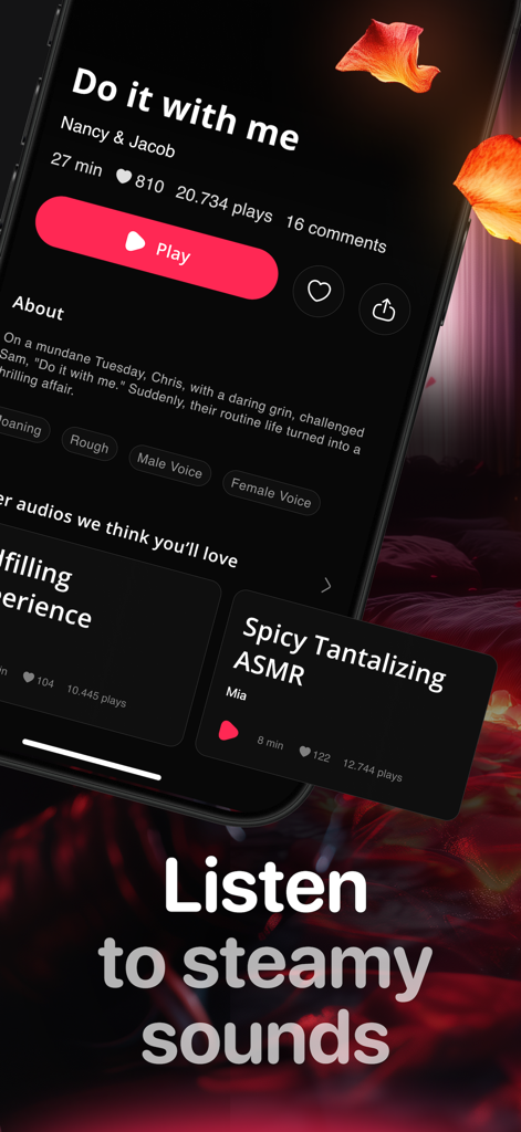 Audero - Erotic Audio Stories - Audero app screenshot showing erotic audio story details and recommended steamy sounds.