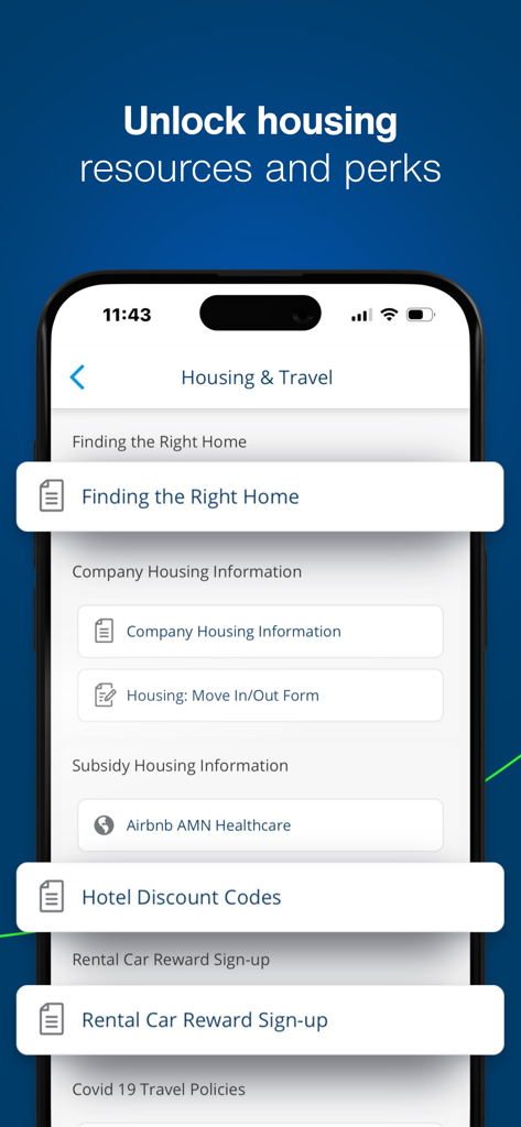 AMN Passport: Healthcare Jobs - Housing and travel resources screen in the AMN Passport app showing options for hotel discounts and rental car rewards.