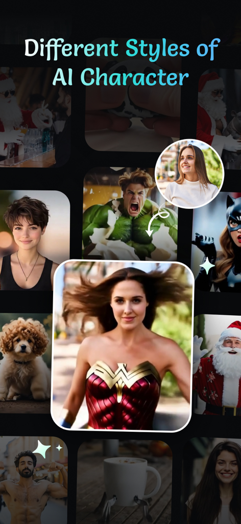 AI Kiss Video Maker : AI Hug - Showcase of various AI character styles including superhero and seasonal transformations from photos