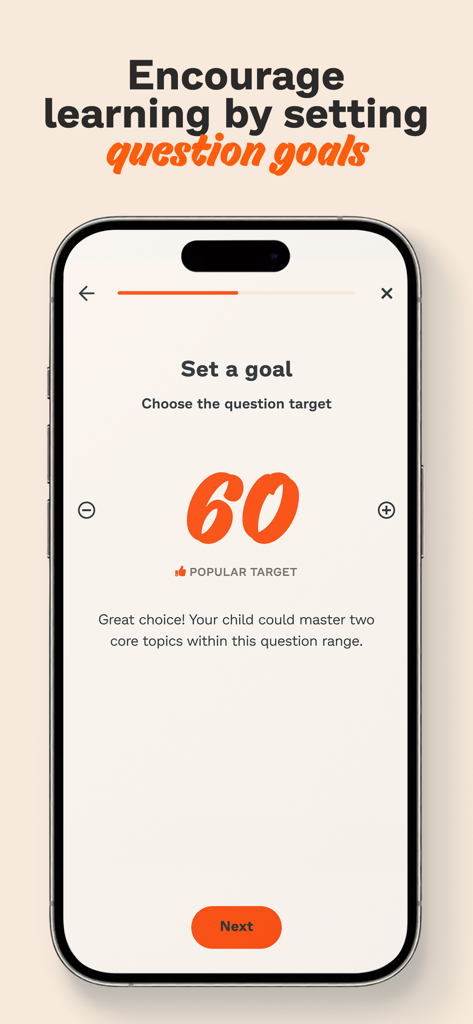A mobile interface for the Prodigy for Parents app showing a screen to set a goal of sixty math questions for a child.