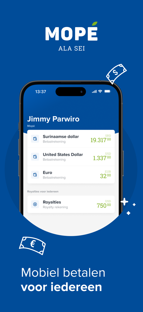 Mopé - Interfaccia dell'app Mope mobile wallet che mostra i saldi del conto in dollaro Surinamese, dollaro USA ed Euro
