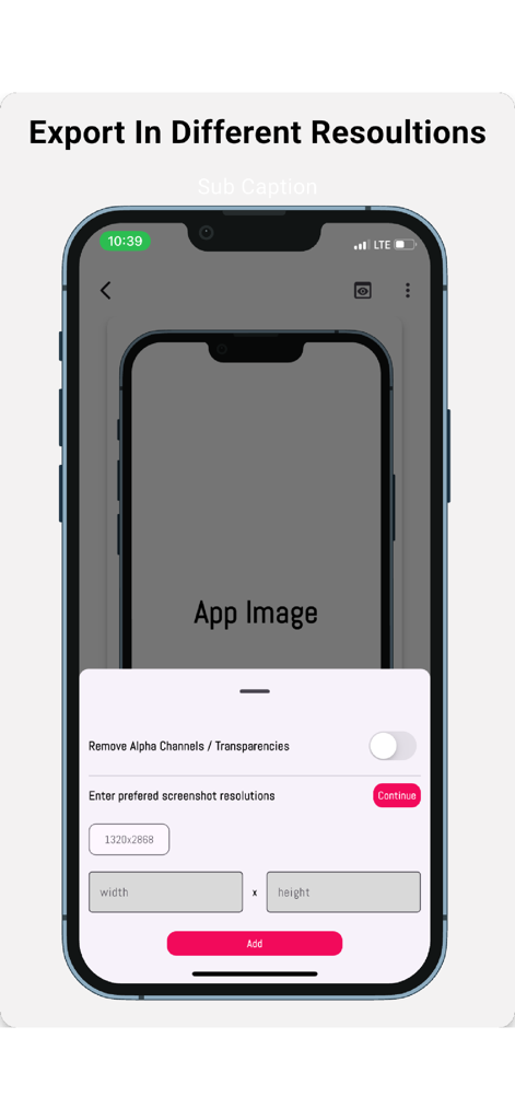 Screenshot Pro - App Designs - Interface for exporting app screenshots in custom resolutions with device mockup options.