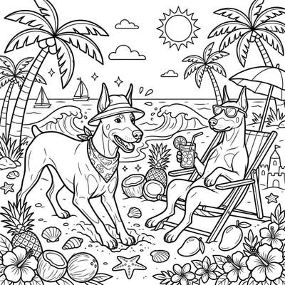 Get ready for some sunny fun with our Doberman Pinscher Summer Vacation coloring page! This delightful scene features two Dobermans enjoying a tropical beach, complete with palm trees, ocean waves, and refreshing drinks.