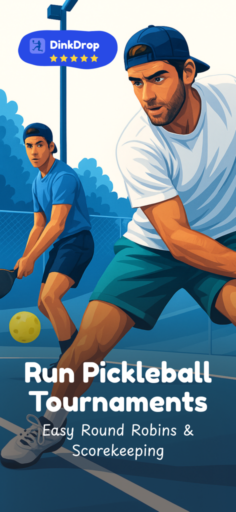 An illustration of men playing pickleball on a court with text promoting the DinkDrop app for tournament management and scorekeeping.
