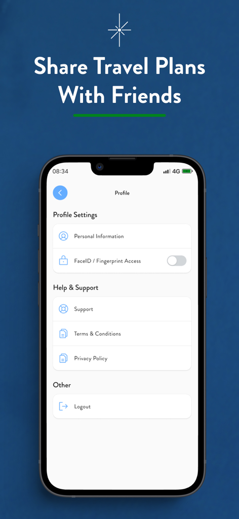 Screenshot of the Travel Portal app profile screen showing security and account settings