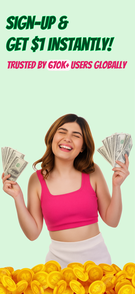 A happy woman holding cash promoting a one dollar instant sign up bonus for Survey Bucks