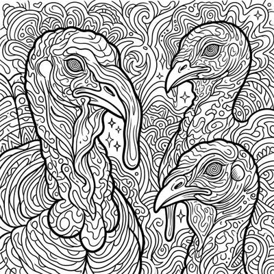 Embark on an artistic journey with these mesmerizing psychedelic turkey heads, bursting with swirling lines and abstract patterns. This unique design offers a captivating and imaginative coloring experience for all ages.