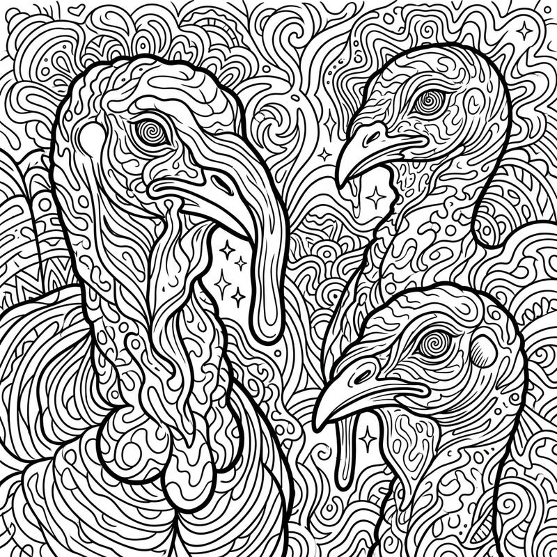 Embark on an artistic journey with these mesmerizing psychedelic turkey heads, bursting with swirling lines and abstract patterns. This unique design offers a captivating and imaginative coloring experience for all ages.