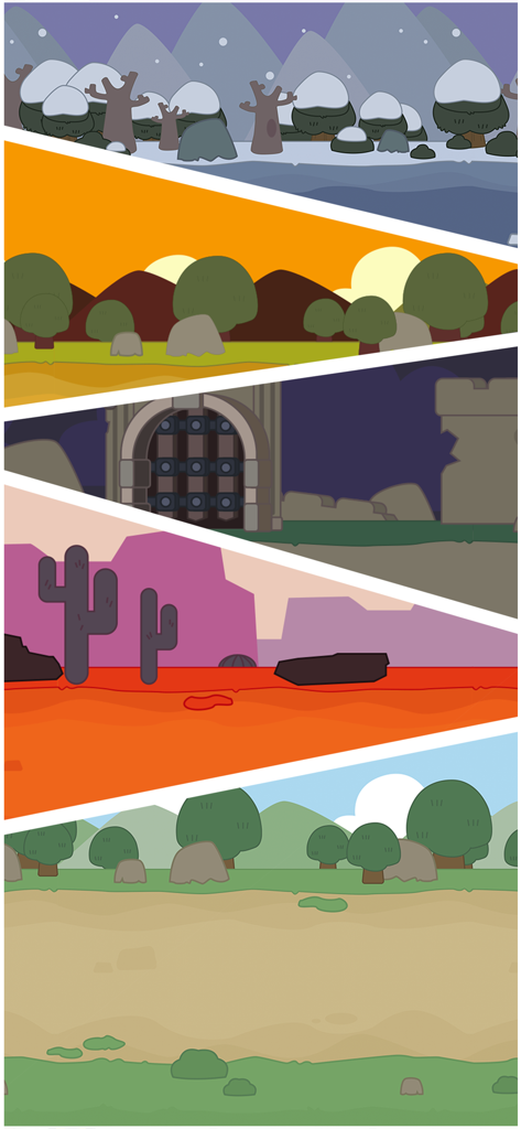 Bag Battle: Units Clash - A collage showing five different game environments including winter, desert, and forest biomes for Bag Battle Units Clash.