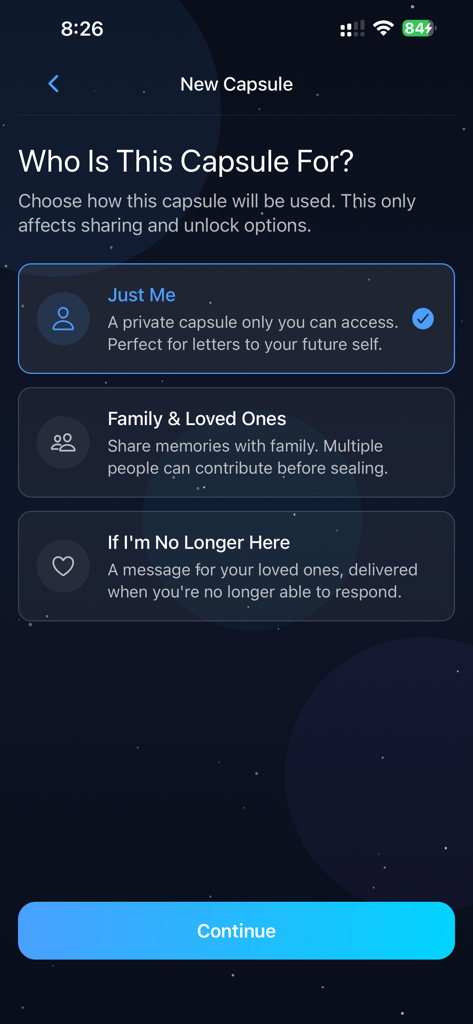 Keepsake Time Capsule - Selection screen for new digital time capsule recipients including personal and family options