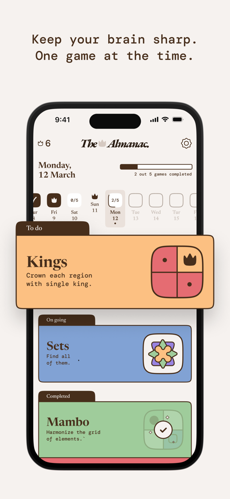 The Almanac mobile app interface showing a minimalist daily brain training schedule with logic puzzles.