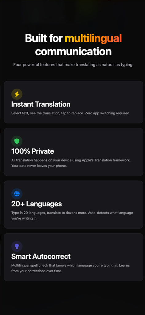 Cuatro características clave del Teclado de Traducción Flash que incluyen traducción instantánea y procesamiento privado en el dispositivo.