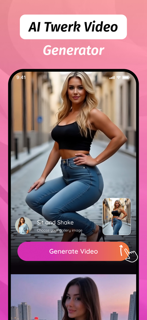 AI Twerk Video:Pic to Twerkify - Mobile screen of AI Twerk Video Generator app showing a photo of a woman and a button to generate a dance video