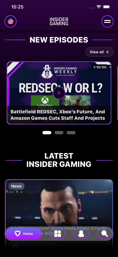 Insider Gaming app homepage displaying new podcast episodes and latest industry news
