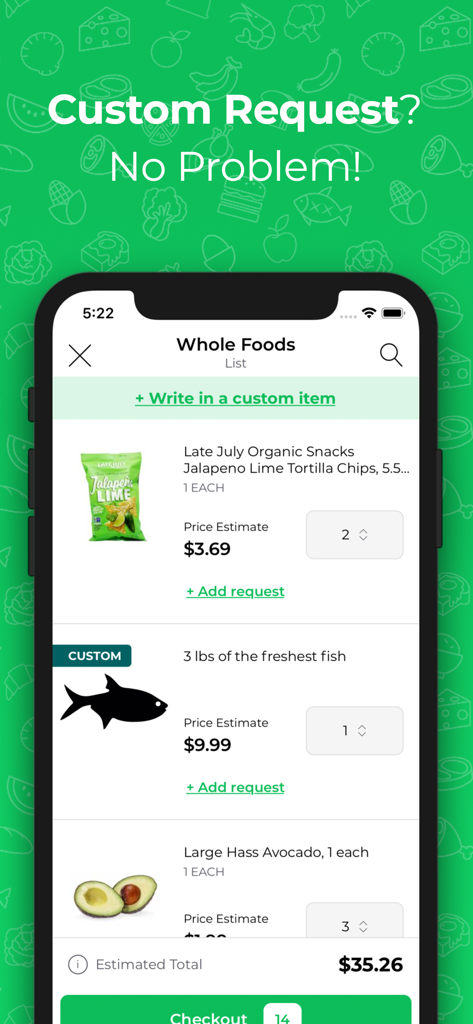Dumpling Grocery - Dumpling Grocery app screen showing a shopping list with a custom request for fresh fish and organic snacks from Whole Foods