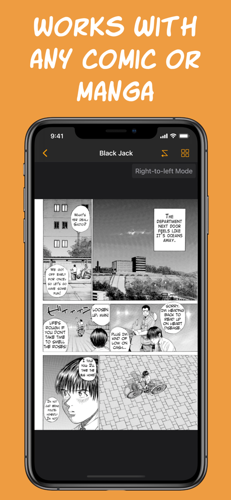 Smart Comic Reader - Una pantalla de iPhone mostrando una página de manga en blanco y negro dentro de la aplicación Lector Inteligente de Cómics utilizando el modo de derecha a izquierda.
