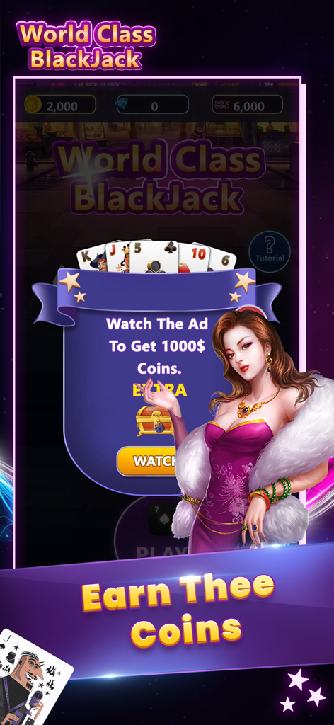 Poker Slots BlackJack 21 - Una pantalla de juego móvil de Poker Slots BlackJack 21 mostrando una oferta de monedas de bonificación y un personaje glamuroso.