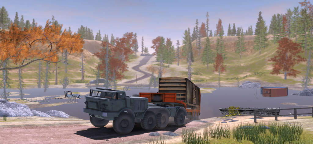 Offroad Masters: 4x4 Simulator - A large offroad truck carrying cargo through a scenic forest landscape.