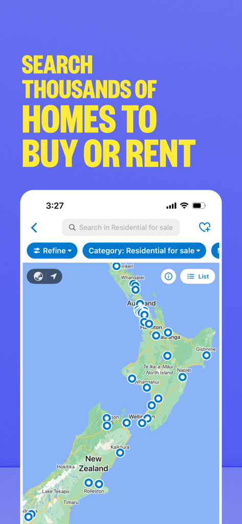 Trade Me: Property, Jobs, Shop - Trade Me App-Oberfläche, die eine Karte von Neuseeland mit Immobilienangeboten zum Verkauf und zur Miete zeigt.