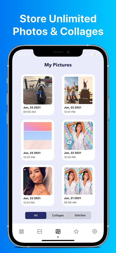 PicMerger Edit Pics & Collages - PicMerger app screen showing a gallery of saved photos and collages with date and time stamps