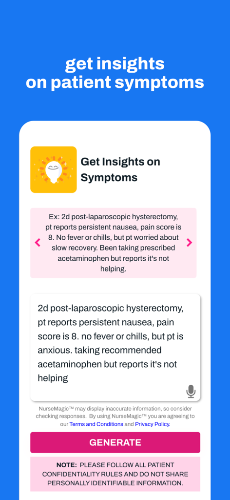 NurseMagic - NurseMagic app interface showing the symptom analysis tool for patient care insights