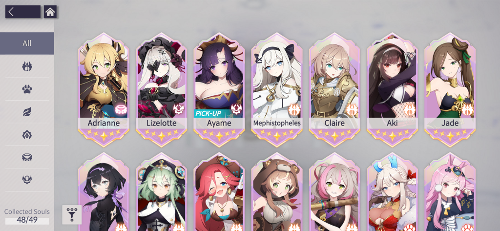 Eversoul - A collection menu in the Eversoul app showing various unlocked anime-style characters called Souls.