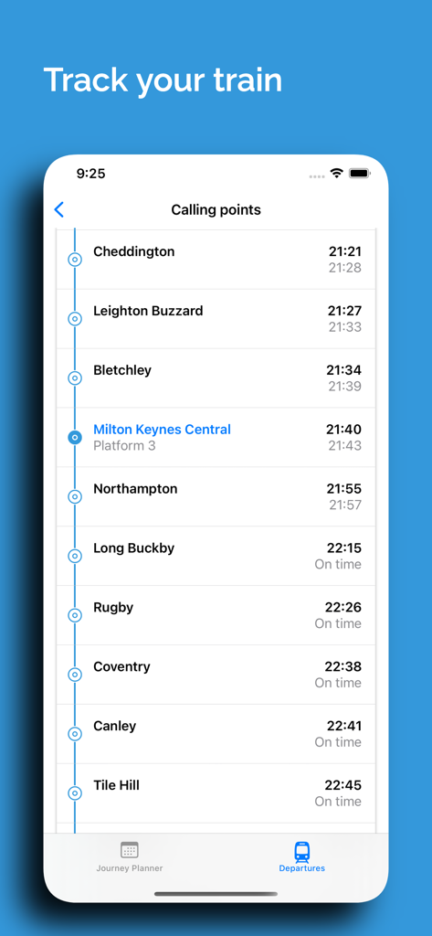 Mobile app interface showing live train tracking and calling points with real time arrival and platform information for UK rail travel