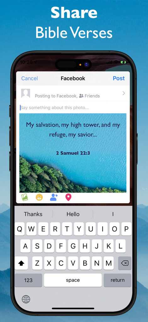 A mobile screen showing the process of sharing a Bible verse with a nature background from the Sprinkle of Jesus app to Facebook.