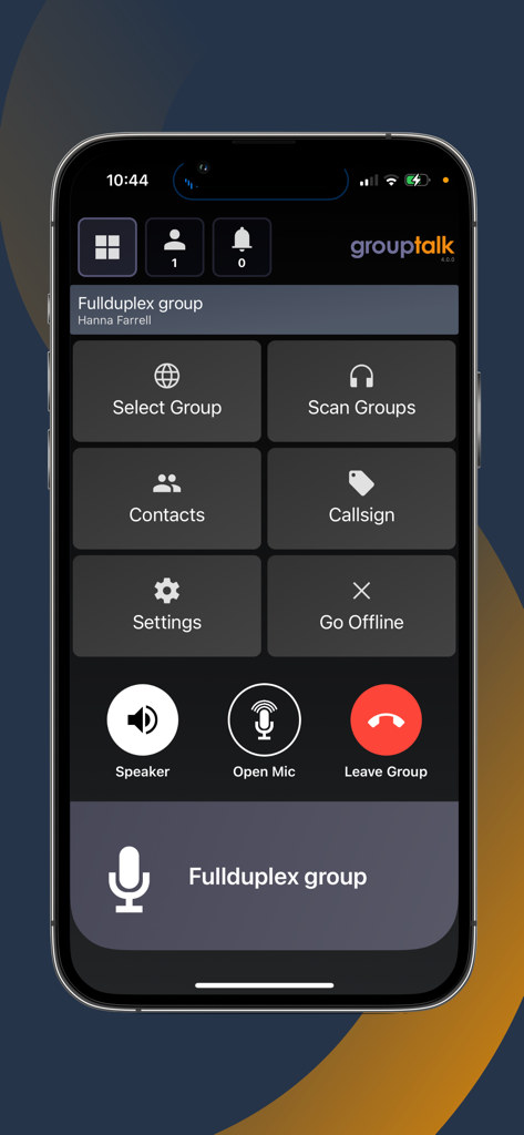 GroupTalk Push to Talk - GroupTalk push to talk mobile app interface showing group communication controls and active call status.