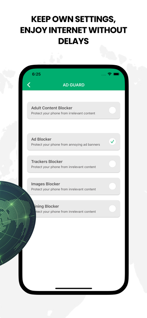 Security VPM Master - Security VPM Master app interface showing ad guard settings to block ads trackers and adult content