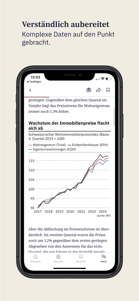 A smartphone screen displaying a news article from BZ Thuner Tagblatt featuring a line graph of Swiss real estate price trends.