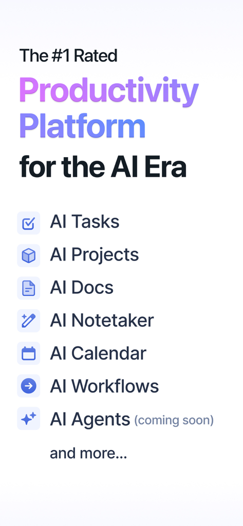 Motion: Tasks & AI Scheduling - Screenshot of Motion app listing AI powered features like tasks projects and calendar