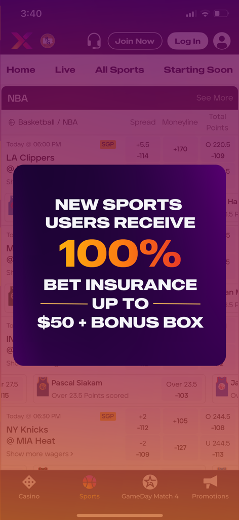 betPARX PA - betPARX PA app screen showing a 100 percent bet insurance promotion for new sports users over an NBA betting interface