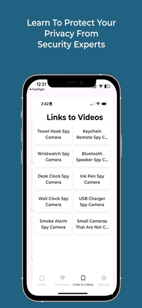 Interface de l'application montrant des guides vidéo pour détecter les caméras cachées dans des objets comme les détecteurs de fumée et les crochets à serviettes.