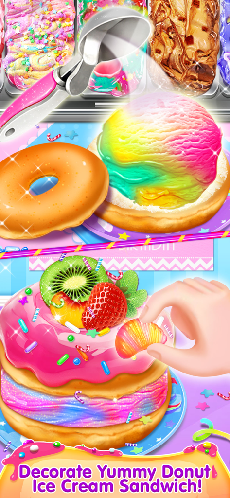 Donut Maker - Cooking Games! - A child's hand decorating a colorful donut ice cream sandwich with fresh fruit and sprinkles