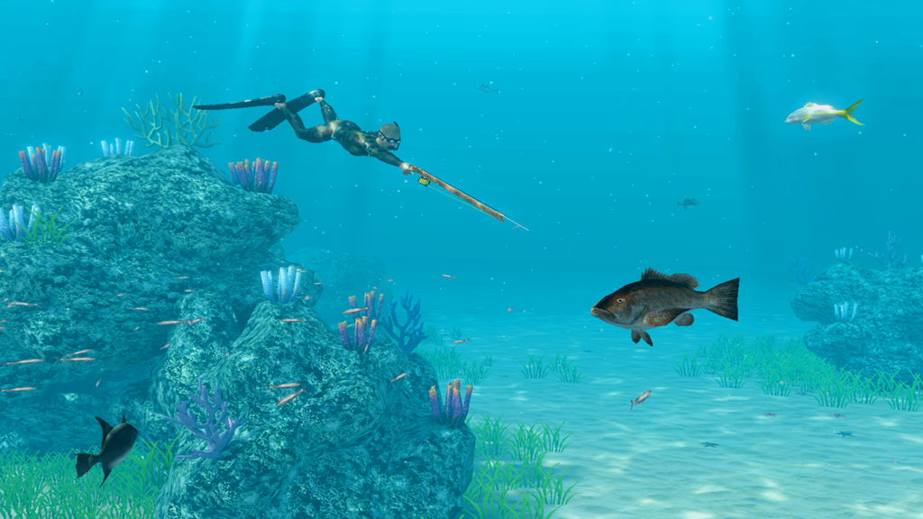 Buzo de apnea apuntando con un arpón a un pez bajo el agua cerca de un arrecife