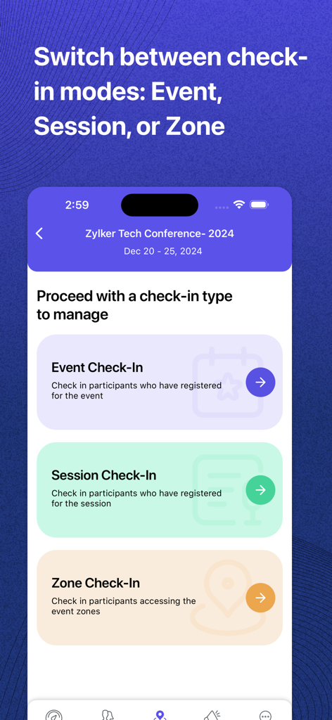 Zoho Backstage for Organizers - Zoho Backstage for Organizers app interface showing options for event session and zone check-in modes