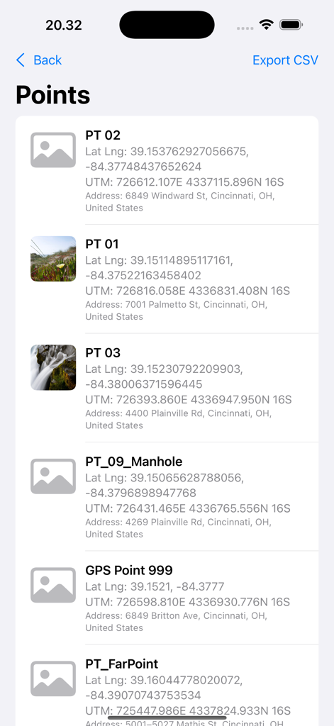 Uma lista de pontos GPS salvos no aplicativo UTM Maps mostrando coordenadas e endereços.