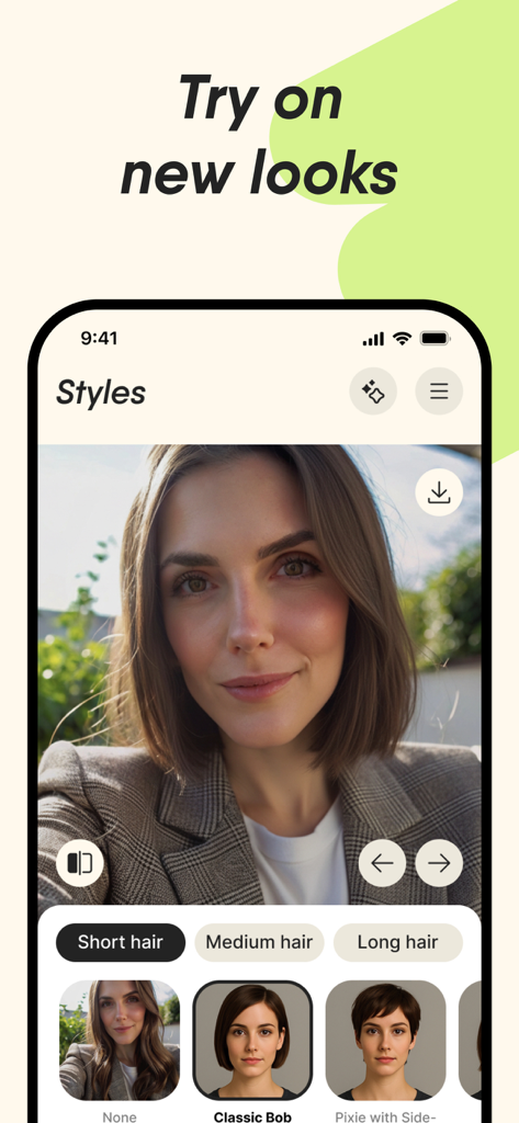 Face Shape Finder Detector - Eine Frau benutzt die Gesichtsform-Finder-App, um virtuell einen klassischen Bob-Haarschnitt anzuprobieren.