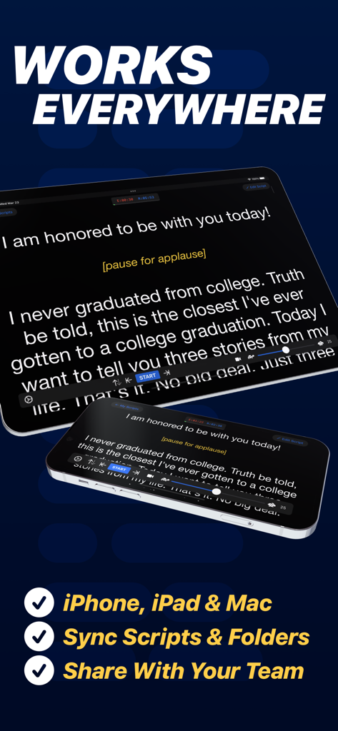 Teleprompter - Teleprompter app displaying a script synchronized across an iPhone and an iPad for video content creation