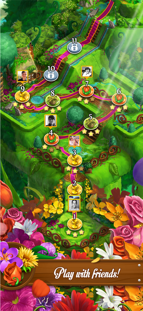 Blossom Blast Saga - Um mapa de nível de jardim colorido em Blossom Blast Saga mostrando níveis e avatares de amigos.