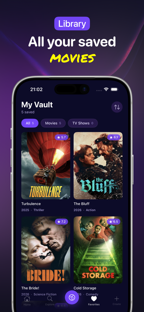 Texsmith - Find Movie Location - A cyberpunk styled movie library screen in the Texsmith app showing a list of saved movies