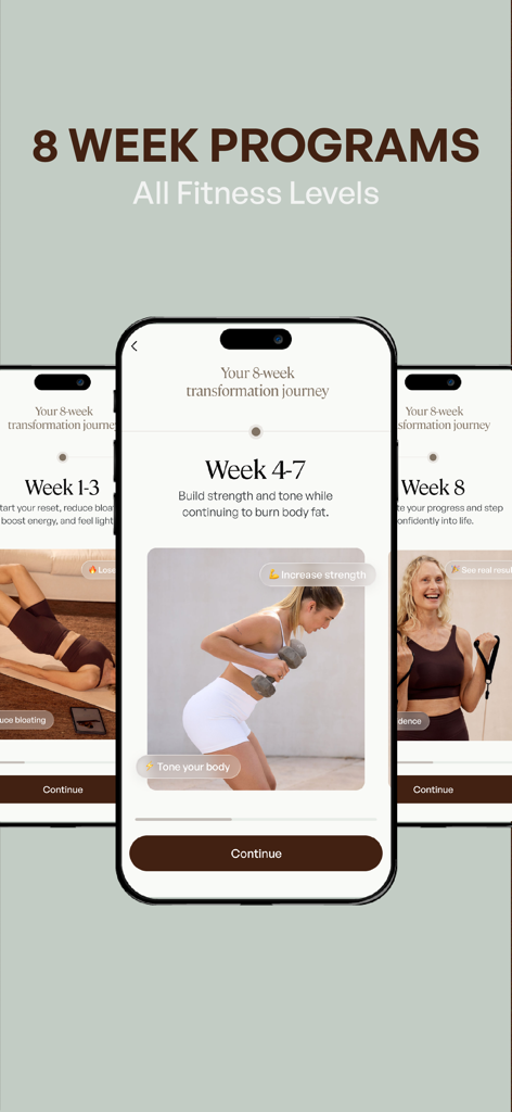 Transform by Fitaz - Three smartphone screens displaying the 8-week transformation program stages in the Transform by Fitaz app