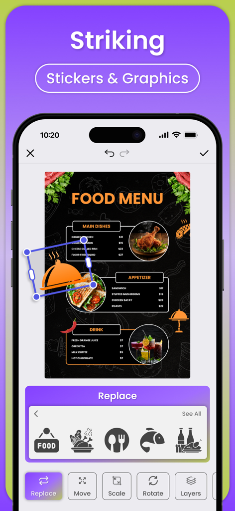 Mobile app interface showing a food menu template being edited with custom stickers and graphic elements